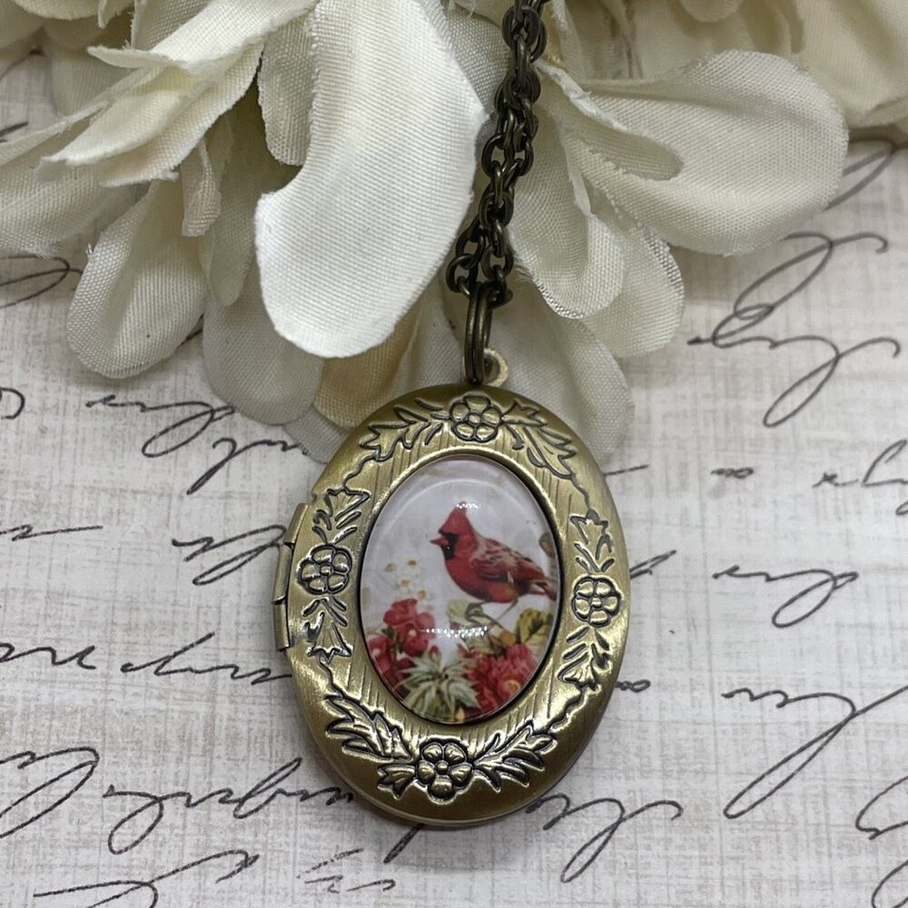 Bronze Red Bird Cardinal Memorial Jewelry Locket Necklace Pendant Wedding New - Picture 3 of 9
